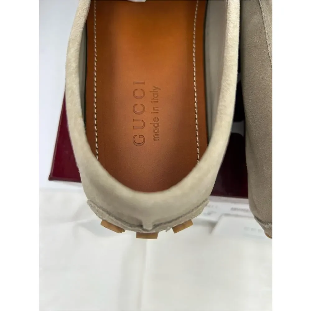 Men's Gucci suede oatmeal horse bit driver loafers size 10.5 fits 11 US